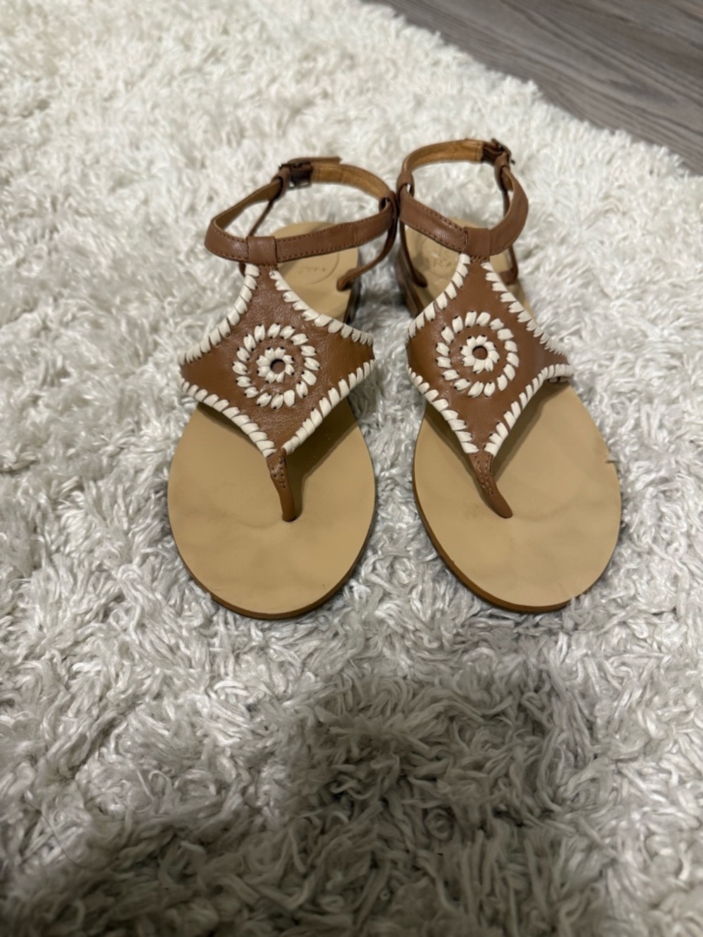 Women's Tan Leather Embroidered T-Strap Sandals